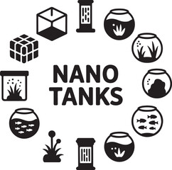 Obraz premium Aquarium icons, nano tank, fish bowl, small water, glass container, aquatic home, pet hobby, interior decoration