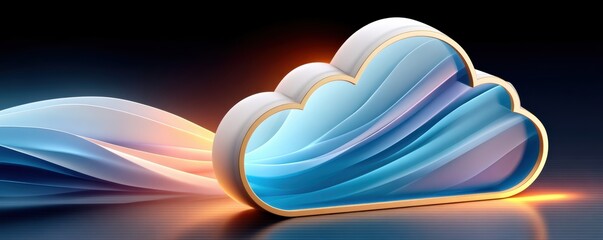 Isometric blue cloud icon illustration on a dark background, a futuristic digital technology concept