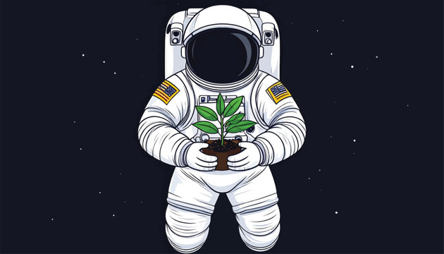 Astronaut Holding Small Green Plant in Space Suit.