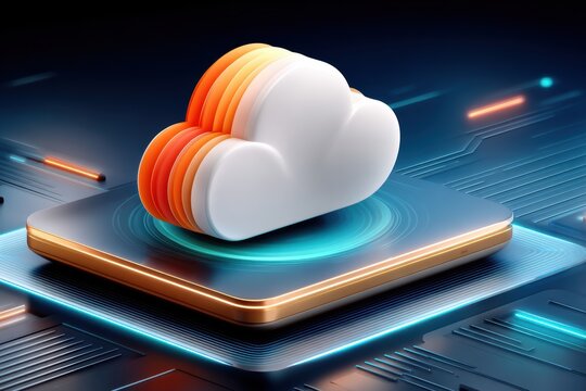 Isometric cloud icon on a high-tech device platform symbolizing cloud computing, data storage, and digital innovation - Powered by Adobe