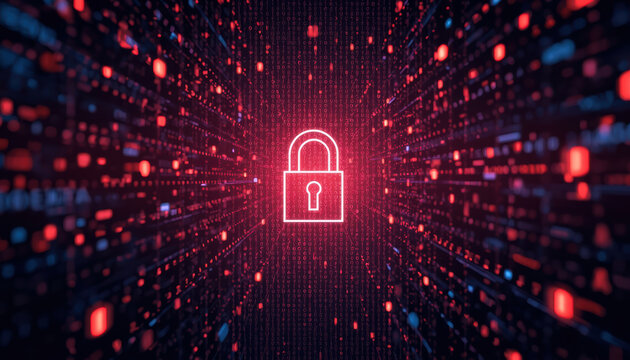 Neon padlock data stream cyber security digital lock red glow network grid encryption binary code