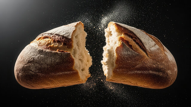 Freshly baked bread loaf split apart with flour dust on black background

