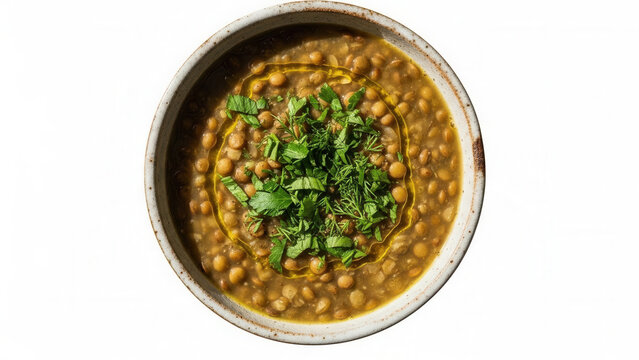 Nutritious split pea soup topped with fresh herbs in white bowl on white background copy space