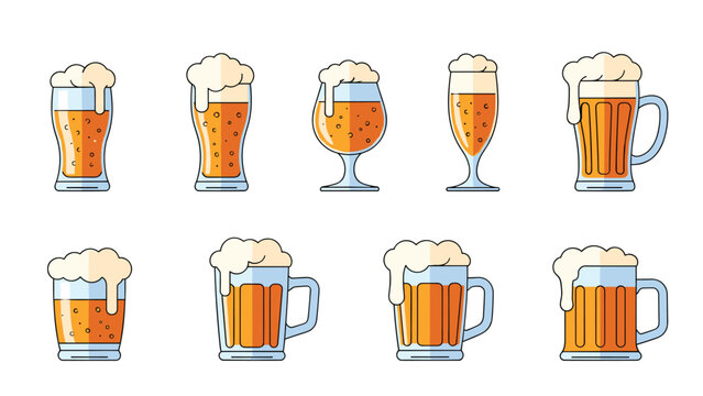 Assorted beer glassware icons including pint glasses, mugs, and goblets with rich amber color and frothy white heads.