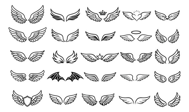 Line art wings set featuring angel, devil, and bird designs for heraldry and decoration