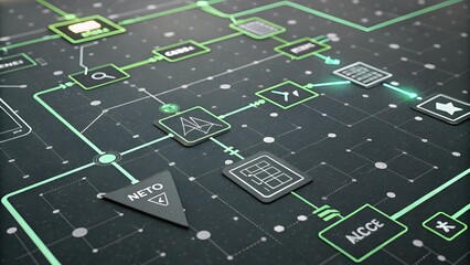 Complex flowchart with nodes and connections on dark background with neon green lines