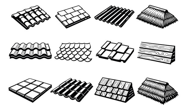 Hand drawn line art roof tiles set featuring various types of roofing materials including corrugated, terracotta, slate, and thatch for architecture and home construction