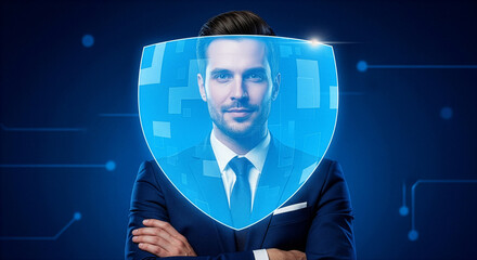 Businessman protected by a glowing digital shield representing cybersecurity