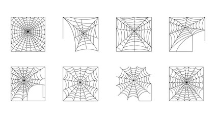 Collection of various spider web designs in black outline suitable for Halloween graphics or nature illustrations.