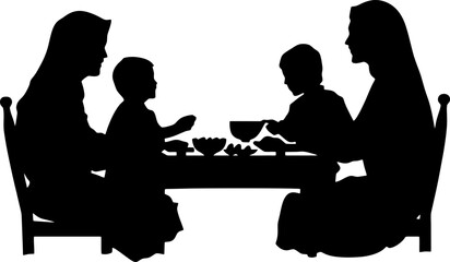 Silhouette of a Muslim Family Having Suhoor or Iftar Meal Together
