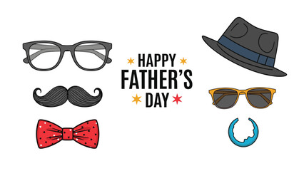 Festive Happy Fathers Day illustration featuring iconic gentleman accessories like a fedora glasses and mustache.