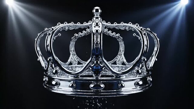 Royal crown with precious stones shining under spotlight on dark background