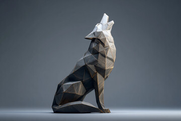 Low poly geometric wolf monument standing and howling, representing leadership, freedom, power, and modern architecture art.