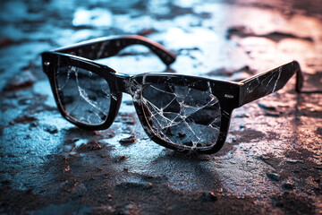 Broken black sunglasses with cracked lenses lying on wet concrete, cinematic lighting, symbolizing damage, loss, urban grunge and broken vision concept.