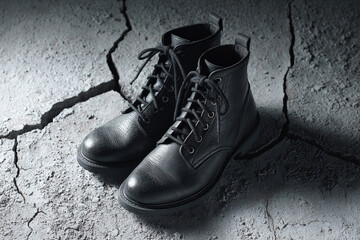 Pair of black leather lace-up boots standing on cracked concrete floor, rugged footwear concept symbolizing strength, resilience, survival and urban fashion style.