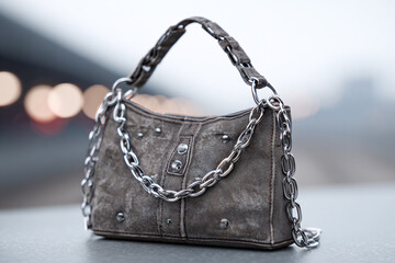 Shoulder bag with metal chain strap on table, edgy fashion accessory concept with minimalist background and modern streetwear mood.