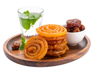 Close-up of a decorative wooden tray holding a stack of crunchy, syrup-soaked jalebis, a small porcelain bowl of fresh dates, and a glass of refreshing mint infused water, warm inviting lighting, hype