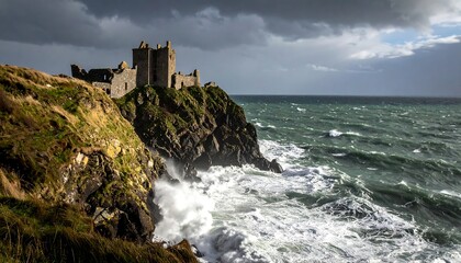A castle sits atop a rugged cliffside as waves crash below under a stormy sky