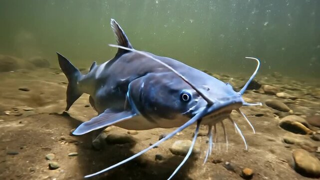 Underwater blue catfish swims near bottom,underwater,catfish