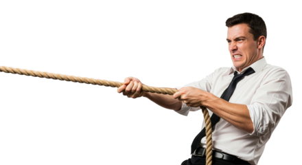 A determined businessman pulls a rope with intense effort, symbolizing competition