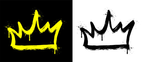 Bright yellow graffiti crown painted with spray effect and rough drips. Expressive grunge street art symbol with bold texture and hand drawn feel, isolated on white background © luqart97