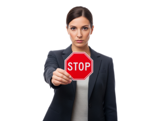 Serious businesswoman holds a red stop sign, indicating a clear boundary