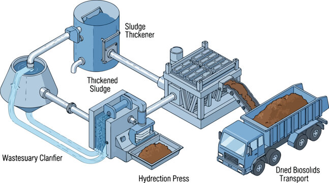 The wastewater treatment process involves sludge thickener, clarifier, and hydraulic press for biosolids transport via truck.