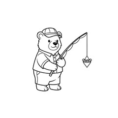 Cute Cartoon Bear Fishing with a Rod and Lure.