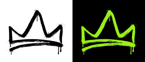Spray painted graffiti crown symbol with dripping paint. Bold grunge street art illustration in black and neon green with rough brush strokes, isolated on light and dark backgrounds © luqart97
