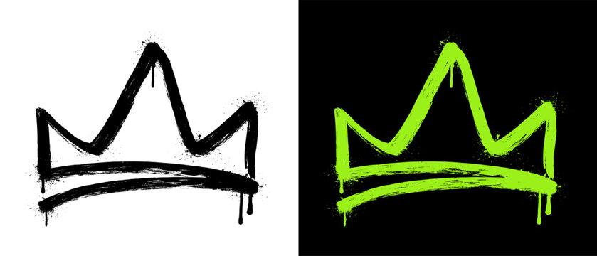 Spray painted graffiti crown symbol with dripping paint. Bold grunge street art illustration in black and neon green with rough brush strokes, isolated on light and dark backgrounds
