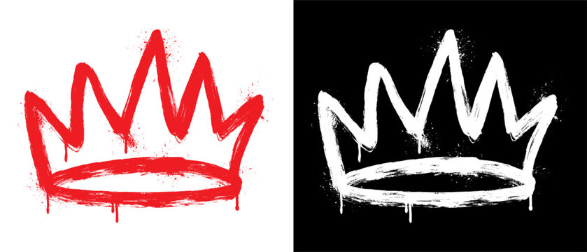 Red spray painted graffiti crown symbol with dripping paint. Bold grunge street art style design featuring rough brush strokes and urban texture, isolated on white background