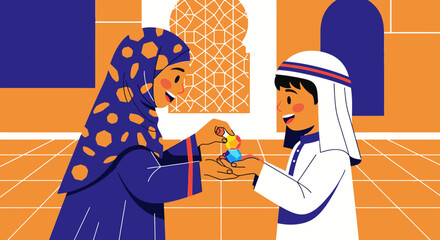 A joyful Muslim woman presents a colorful gift to a happy young boy during a festive Islamic celebration, highlighting cultural traditions and generosity.
