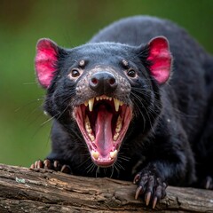 A close-up of a black animal with its mouth open, showing sharp teeth (1)