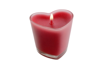 Red heart shaped candle in glass with flame for Valentine decor, isolated on transparent background