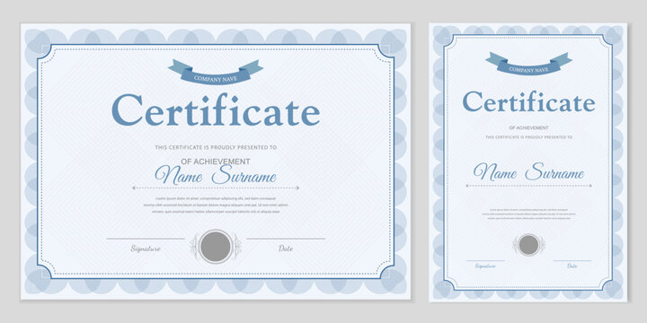 Set of certificate and diploma templates in blue tones. Horizontal and vertical layouts with a guilloche frame and ribbon. Editable vector design for official awards, business, and education.