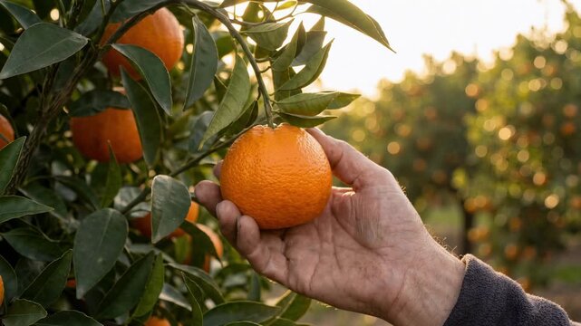 Close up hand touching fresh ripe mandarin on tree branch in sunny orchard, organic citrus fruit harvest, healthy vitamin food concept, nature 4k video