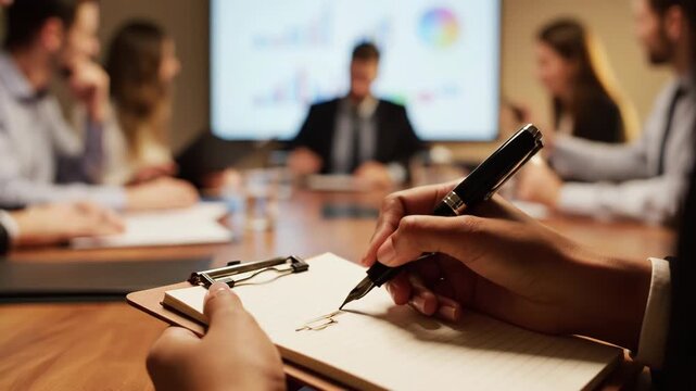 Business people sitting around a conference table with a screen in the background and a person writing on a clipboard with a pen