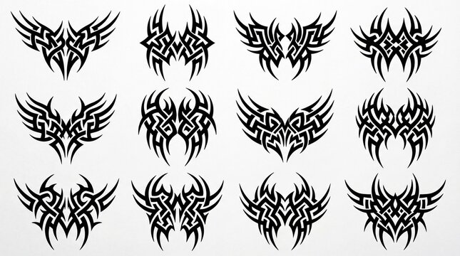Tribal Tattoo Designs Collection - Intricate Black Ink Art for Body Decoration and Graphic Elements.