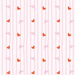 Valentines day gift seamless pattern with red hearts, pink bows, and soft pink grid background for romantic themes and decoration