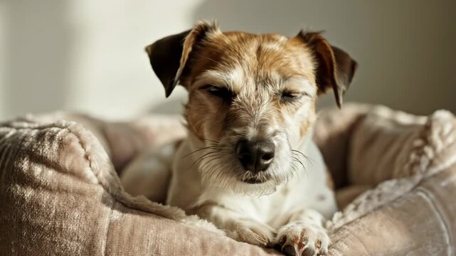 A small dog resting on a comfortable dog bed looking directly at the camera