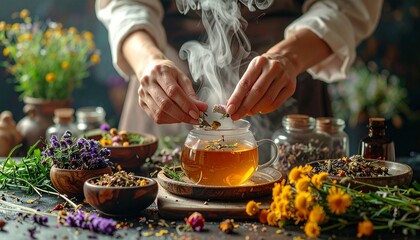 Herbal tea preparation with dried flowers and steaming glass cup