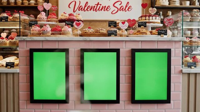 Three vertical green screen displays advertise a sweet valentine sale in a pink bakery.