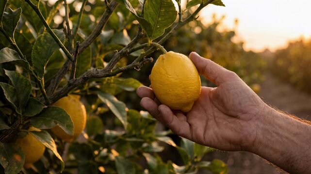Hand gently holding fresh ripe lemon on tree branch in orchard during golden hour, organic citrus fruit harvest, healthy food concept, 4k video