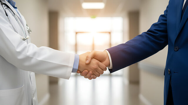Handshake between a doctor in white coat and a businessman in a suit in a blurred hospital hallway