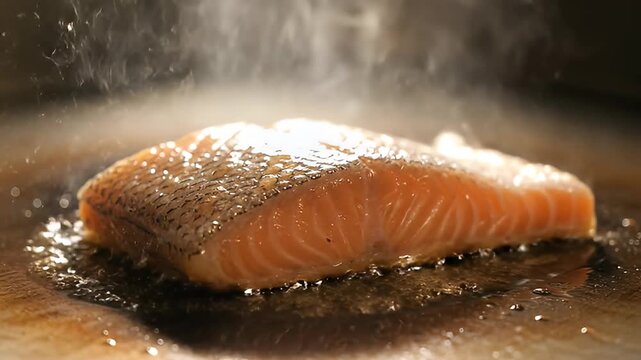 Close-up cinematic shot of salmon fillet sizzling in hot pan with steam rising, perfect for cooking or food preparation content