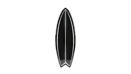 Sleek black surfboard with white racing stripes