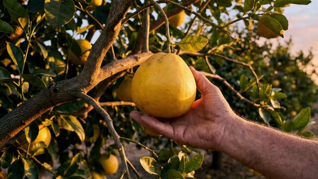 Hand gently holding fresh ripe pomelo on tree branch in orchard during golden hour, organic citrus fruit harvest, healthy food concept, 4k video