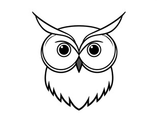 Fototapeta premium A simplified, monochrome illustration of an owl, featuring large eyes and prominent ear tufts. The bird is facing the viewer