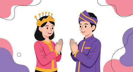Malay couple in beautiful traditional pink and purple clothing making a polite greeting gesture during a celebration on white background.