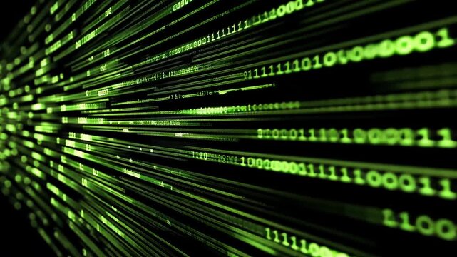 Green binary code flows through a dark digital tunnel rapidly moving forward.